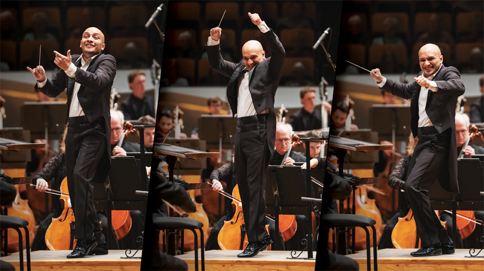 A triptych of Christopher Dragon conducting on the Boettcher Concert Hall stage, each panel capturing a different moment of expression and physicality. In the left panel, he extends both arms outward with a wide, inviting gesture and a playful smile. In the center panel, both arms are thrust triumphantly overhead, baton raised high, body fully extended. In the right panel, he leans forward dynamically with his baton arm stretched outward and a broad grin. In all three, he wears a black tuxedo and stands before the Colorado Symphony orchestra, with string players and the hall's warm amber seating visible behind him. Photo credit: Amanda Tipton.