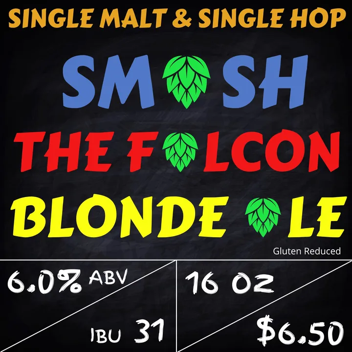 Colorful sign for Elizabeth Brewing Company's Smash the Falcon Blonde Ale