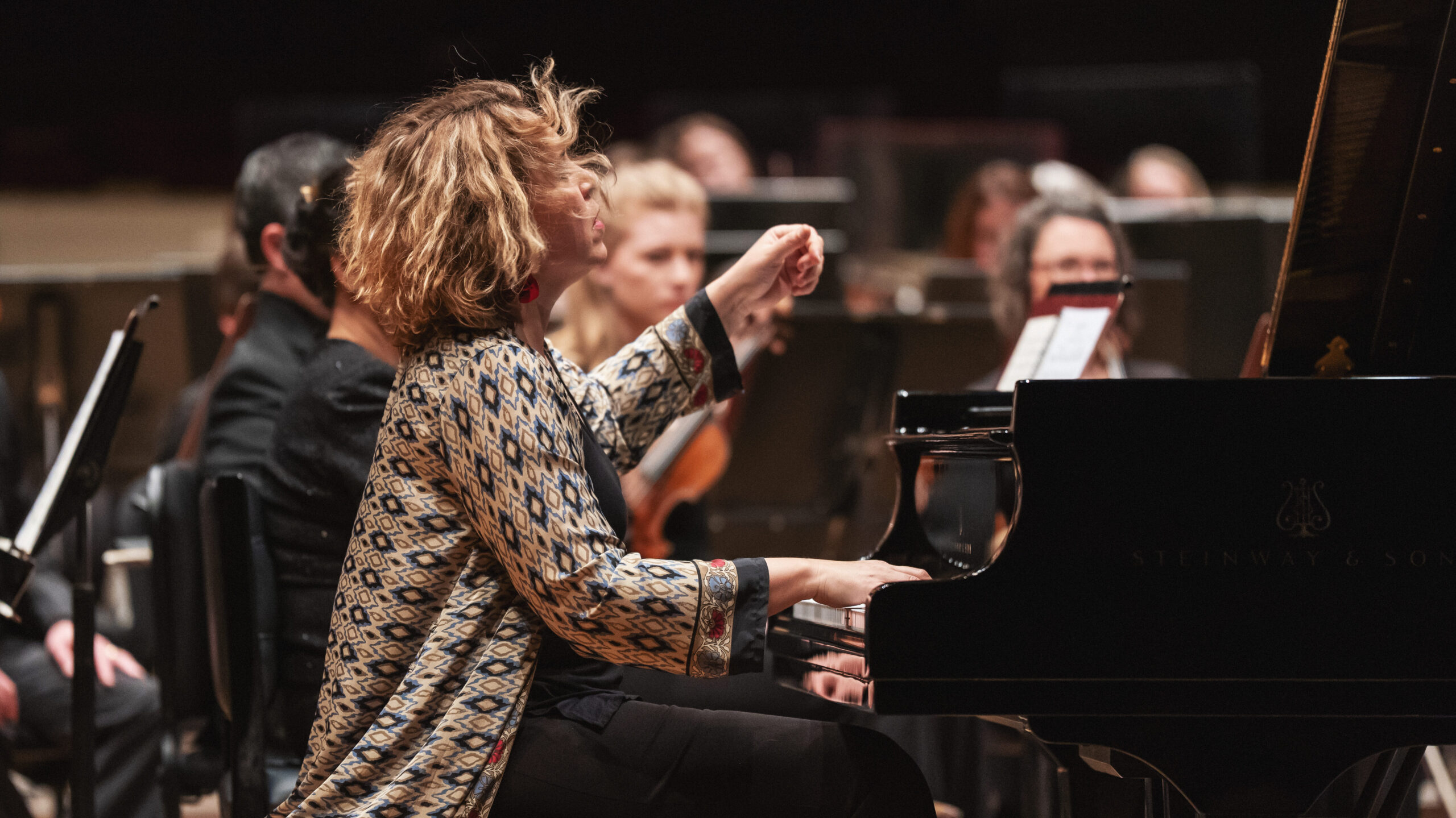 Pianist Gabriela Montero performs on a Steinway grand piano at Boettcher Concert Hall with the Colorado Symphony