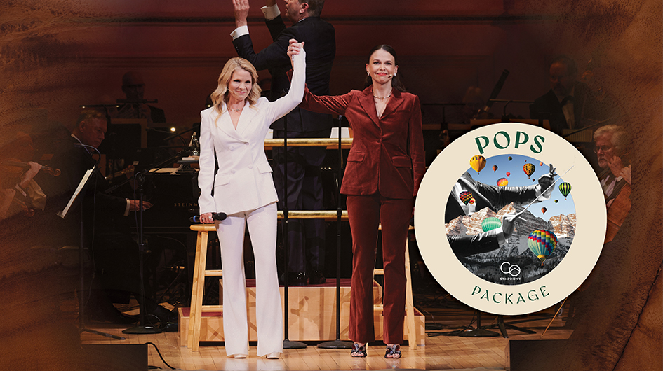 Vocalists Kelli O'Hara and Sutton Foster holding hands in the air after a performance with the Colorado Symphony