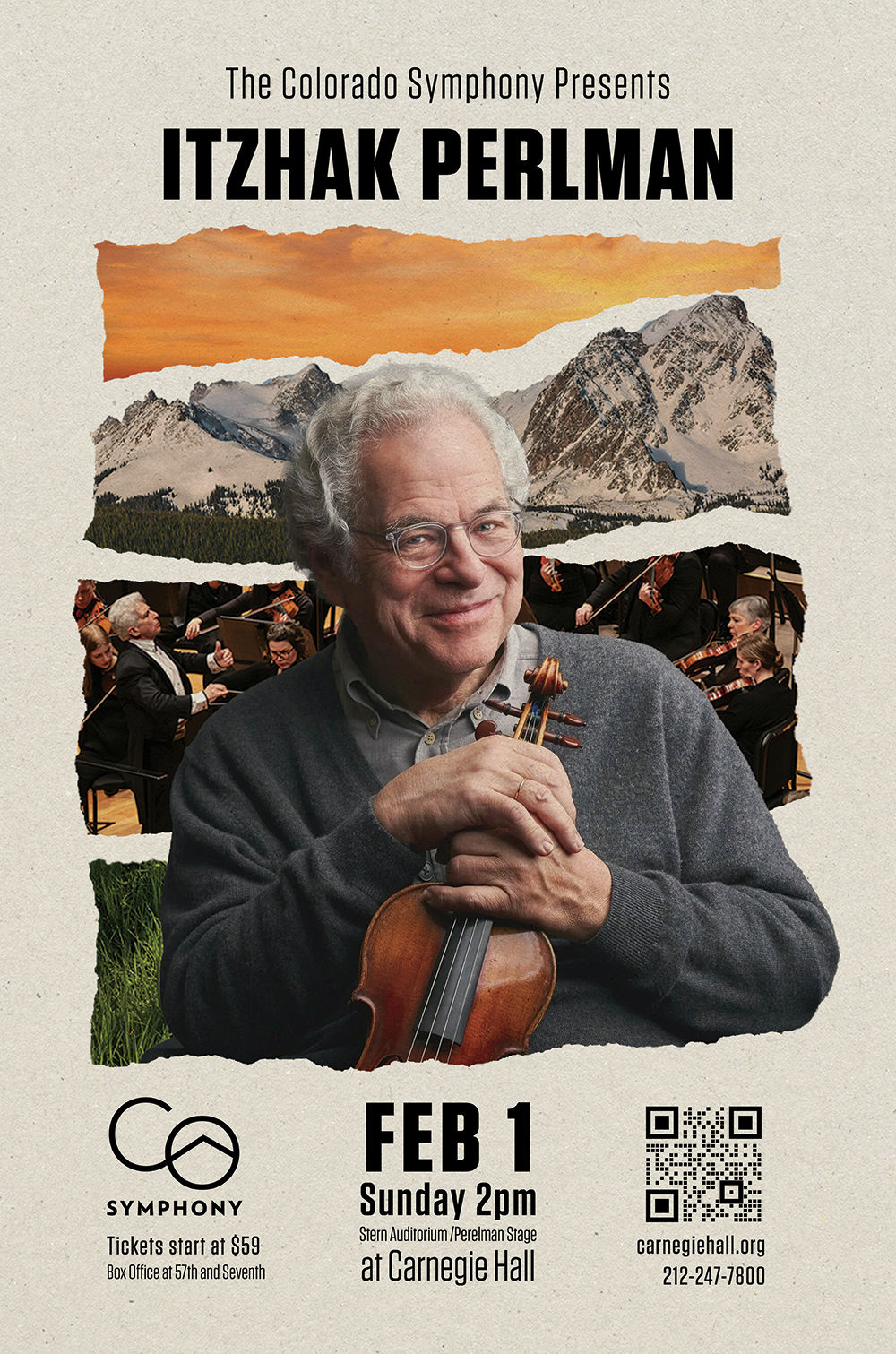 Concert poster for the Carnegie Hall performance with Itzhak Perlman and the Colorado Symphony