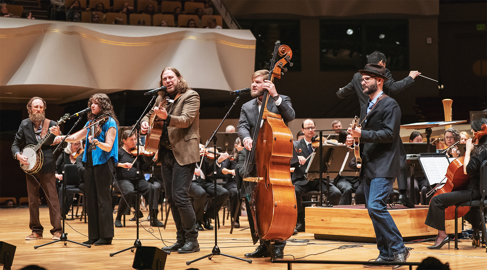 Bluegrass artist Martin Gilmore and his band “The Dry and Dusty West” performing on stage at Boettcher Concert Hall during the Youth Concert.
